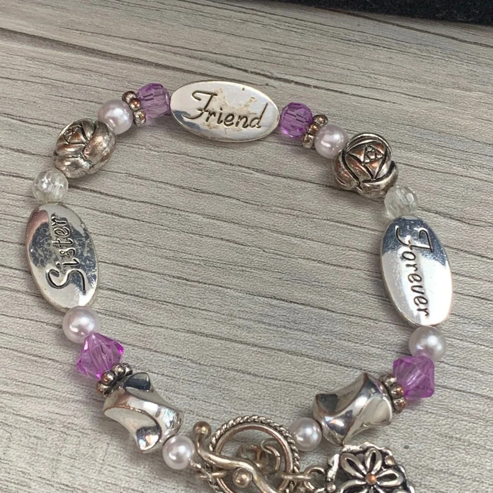 Sister Friend Forever Beaded Charm Bracelet Purple Crystals Pearls Heart Toggle